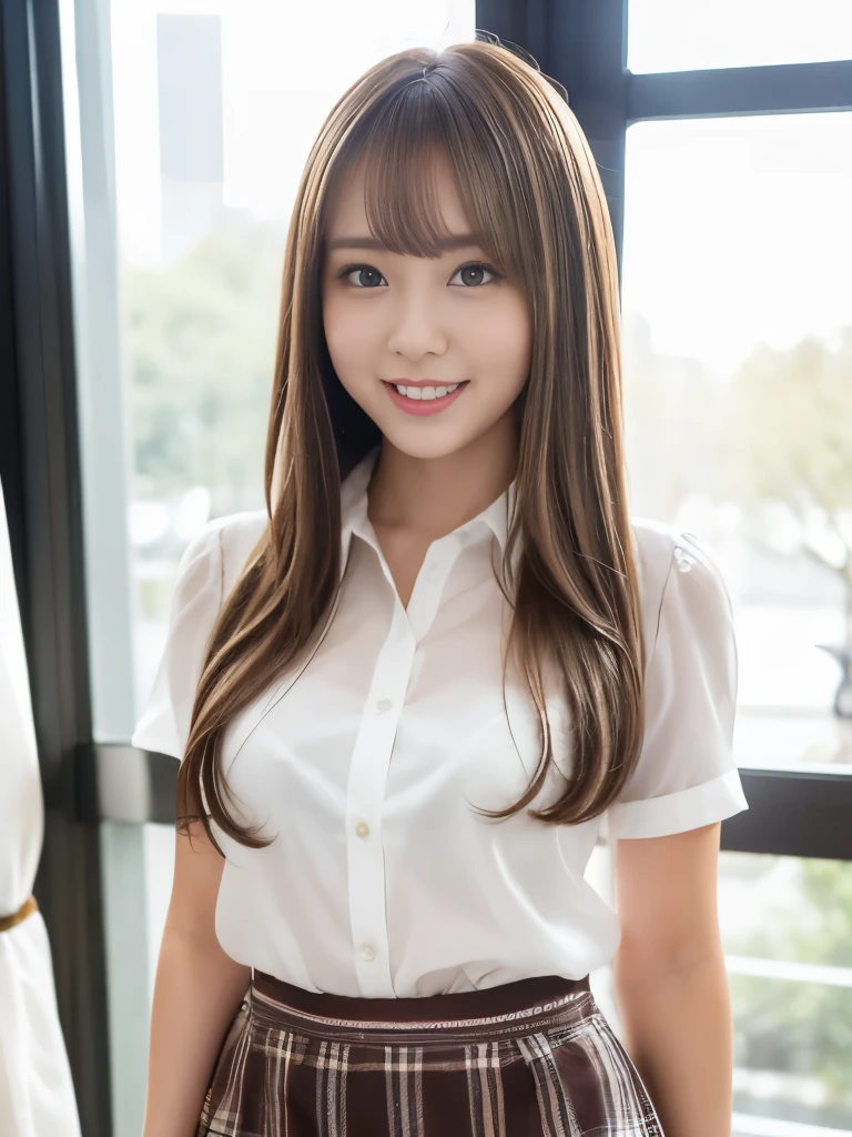 A beautiful Japanese shy girl, age 18 years old, short brown hair, brown big eyes, shiny lip, shiny hair, ecstatic expression, wearing white blouse, plaid mini skirt, in front of huge window, The background is very blurry, wearing high heels, A photo showing the whole body,