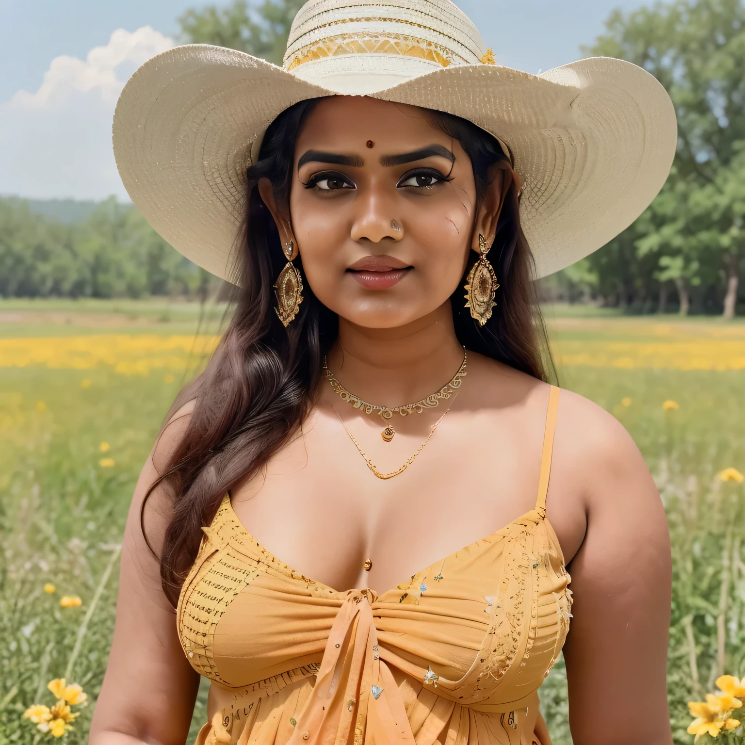 8k, best quality, ultra high-res photo of a beautiful indian lady wearing a cowboy hat and sundress, outdoor open field background, bright sunny day, subtle makeup, intricate elegant, detailed, photometric lighting, symmetric light