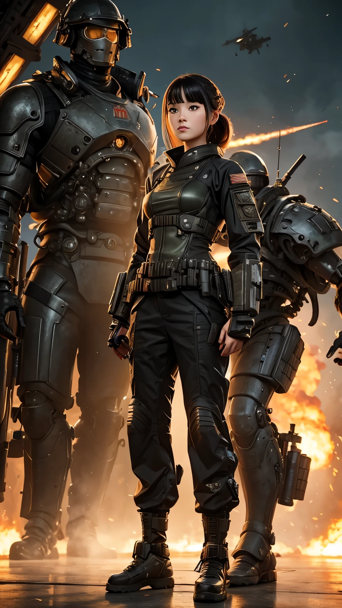 (best quality), oriental detailed background, science fiction,mechanical arms,girl with man , war, monster army, techwear,, military uniform