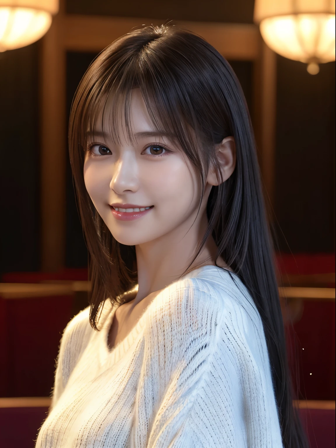 1 Japanese girl,(White sweater:1.4), (RAW Photos, highest quality), (Realistic, Realistic:1.4), Tabletop, Very delicate and beautiful, Very detailed, 8k wallpaper, wonderful, In detail, Very detailedなCG Unity, High resolution, Soft Light, Beautiful details 19 years old, Very detailedな目と顔, Beautiful and sophisticated nose, Beautiful details,Cinema Lighting,Perfect Anatomy,Slender body,smile  (Asymmetrical bangs,)