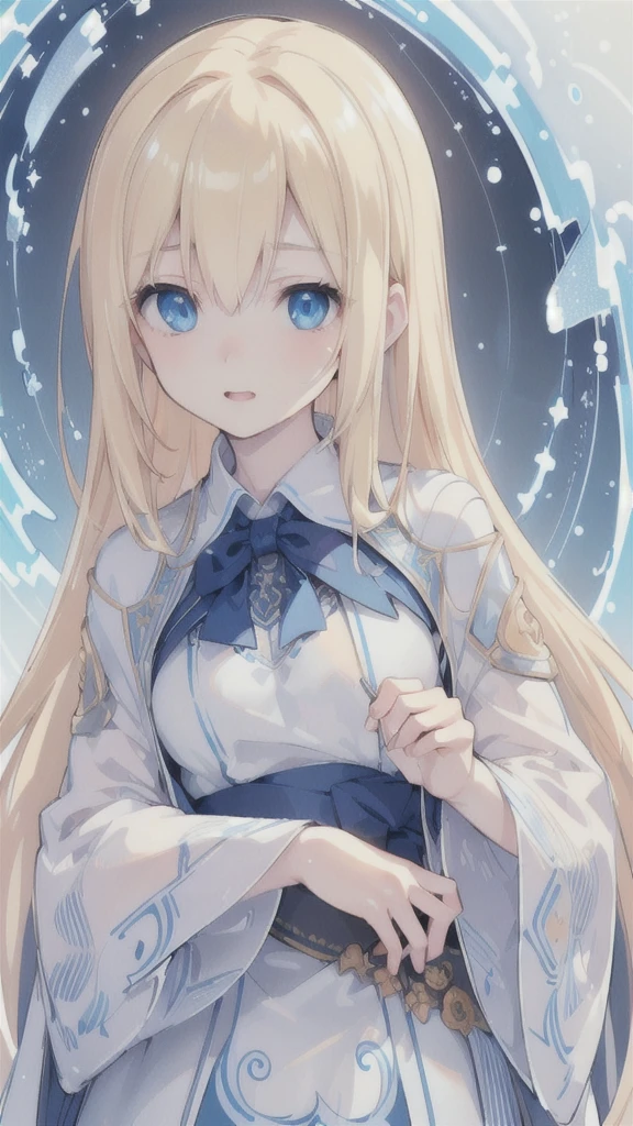 (best quality, ultra-detailed, realistic:1.37), (HDR, UHD), (studio lighting, sharp focus, professional), (portraits, anime),
A girl with blonde hair and blue eyes, detailed eyes, and pale skin, wearing a dark robe adorned with intricate patterns. Blue electric currents swirling around her body. A group of electric eels made of water flying around her.