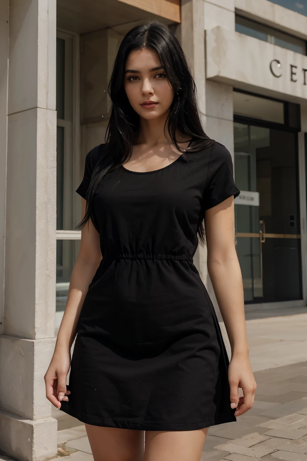 30 year old Latin woman black hair dark skin, cuerpo tonificado estatura promedio con blusa roja, vestido a cuadros negra y blanca.