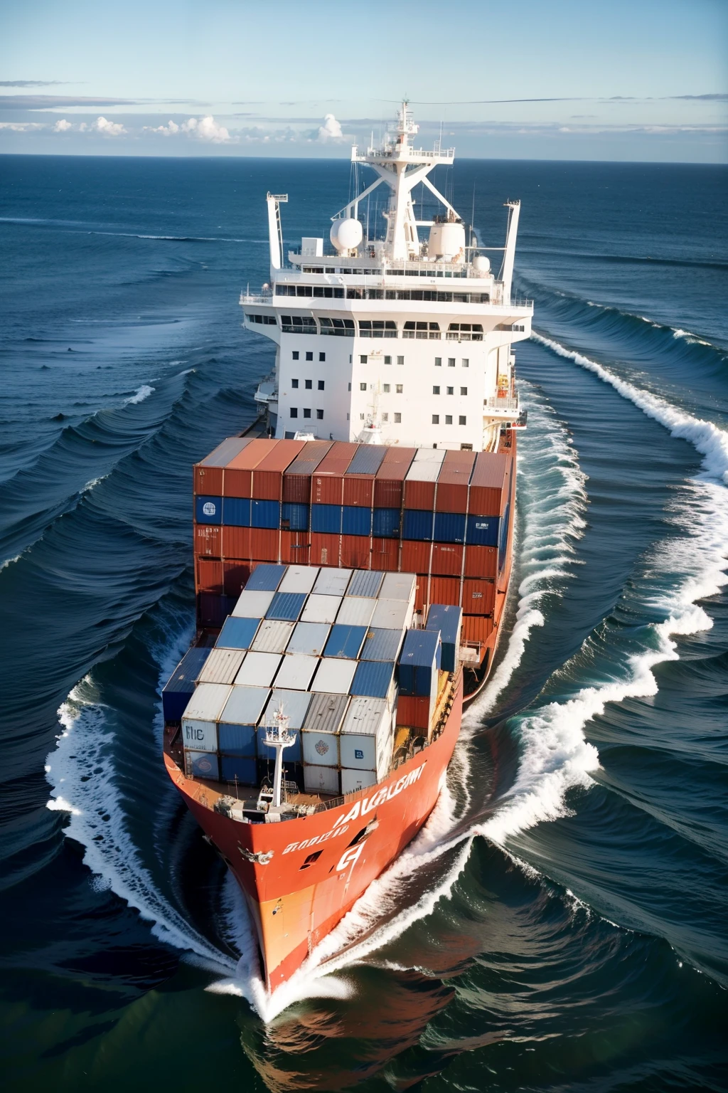 1 cow,1 container ship,This cow is pulling a container ship on the sea,On board is a golden-plated container,Golden,This cow is a high-tech electric cow,On the other side, there are offshore wind turbines providing energy.