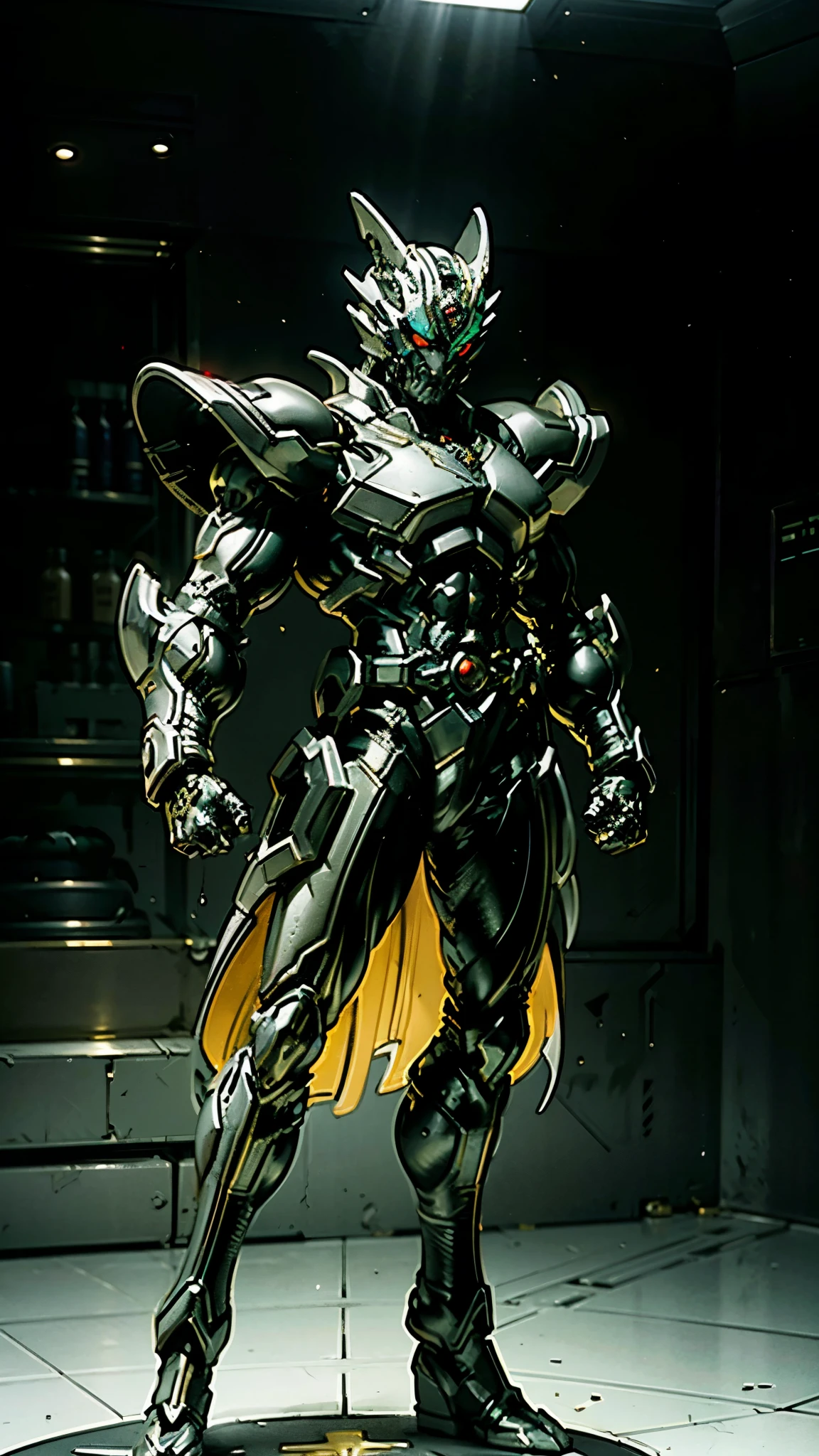 A man wearing a full-face helmet, a fantasy-style biotech armored combat suit, green eyes, (a composite layered chest armor), fully enclosed shoulder guards, matching arm and leg guards, the belt is adorned with fangs biting into gem, (the color scheme is primarily black with red accents), the design balances heavy with agility, a high-tech bio-mecha armor, (Armor Concept Inspired by Godzilla, stand on the top of a skyscraper in a futuristic sci-fi city), this character embodies a finely crafted fantasy-surreal style armored hero in anime style, exquisite and mature manga art style, (element, plasma, energy, the armor glows), ((male:1.5)), metallic, real texture material, dramatic, high definition, best quality, highres, ultra-detailed, ultra-fine painting, extremely delicate, professional, perfect body proportions, golden ratio, anatomically correct, symmetrical face, extremely detailed eyes and face, high quality eyes, creativity, RAW photo, UHD, 32k, Natural light, cinematic lighting, masterpiece-anatomy-perfect, masterpiece:1.5