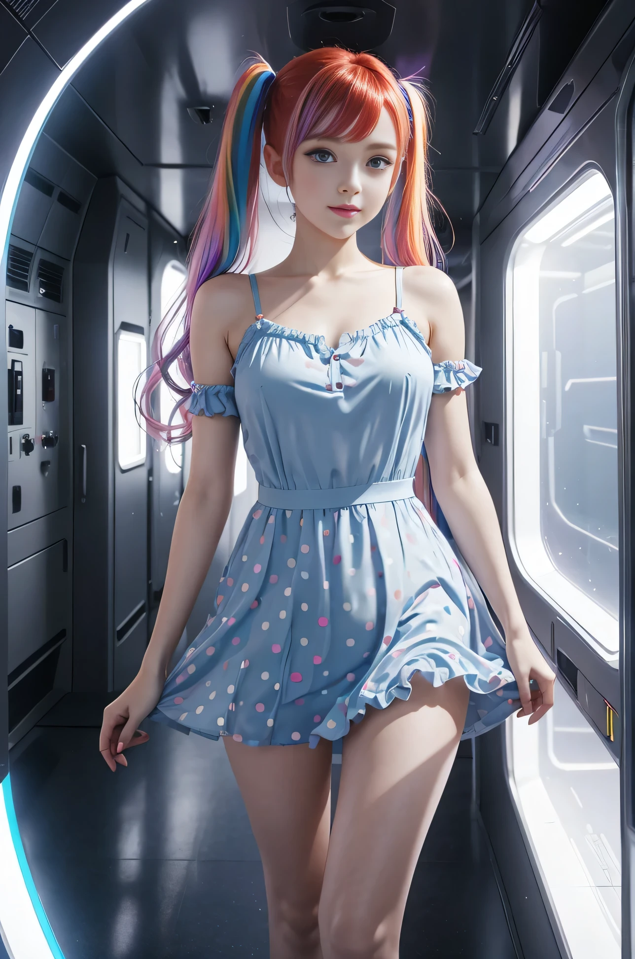 Cute redhead with rainbow colored hair tips, ribbons in her hair, 18-year-old woman, happy, in twin tails, perfect symmetrical eyes, clear sparkling blue eyes, pale skin, silky smooth skin, standing on a fancy metal luxurious space ship, futuristic corridor, dark warm lighting, wearing a futuristic dress, pleated (chemise) mini dress (pastel rainbow colors, and polka dots), wearing full body pantyhose, cute short cut booties.