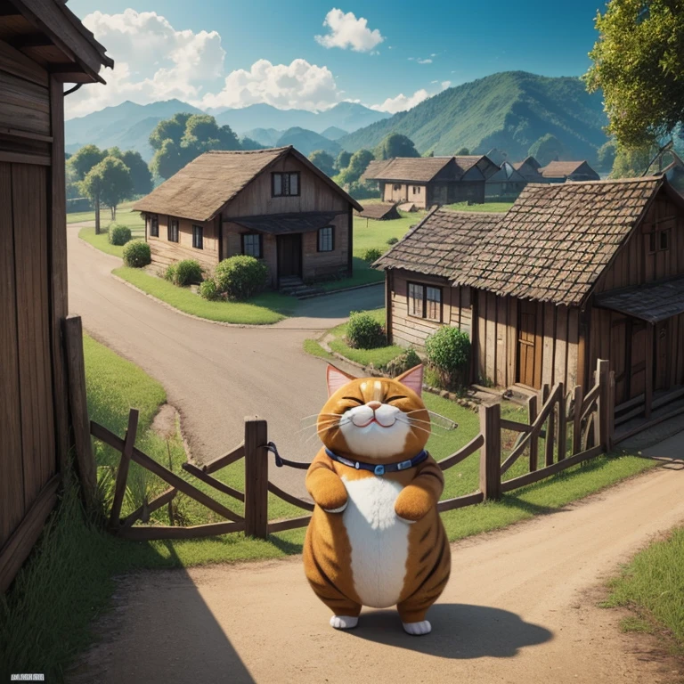 a laughing fat cat handle poster with text PLN Oglangan, background rural village, 3d animation realistic