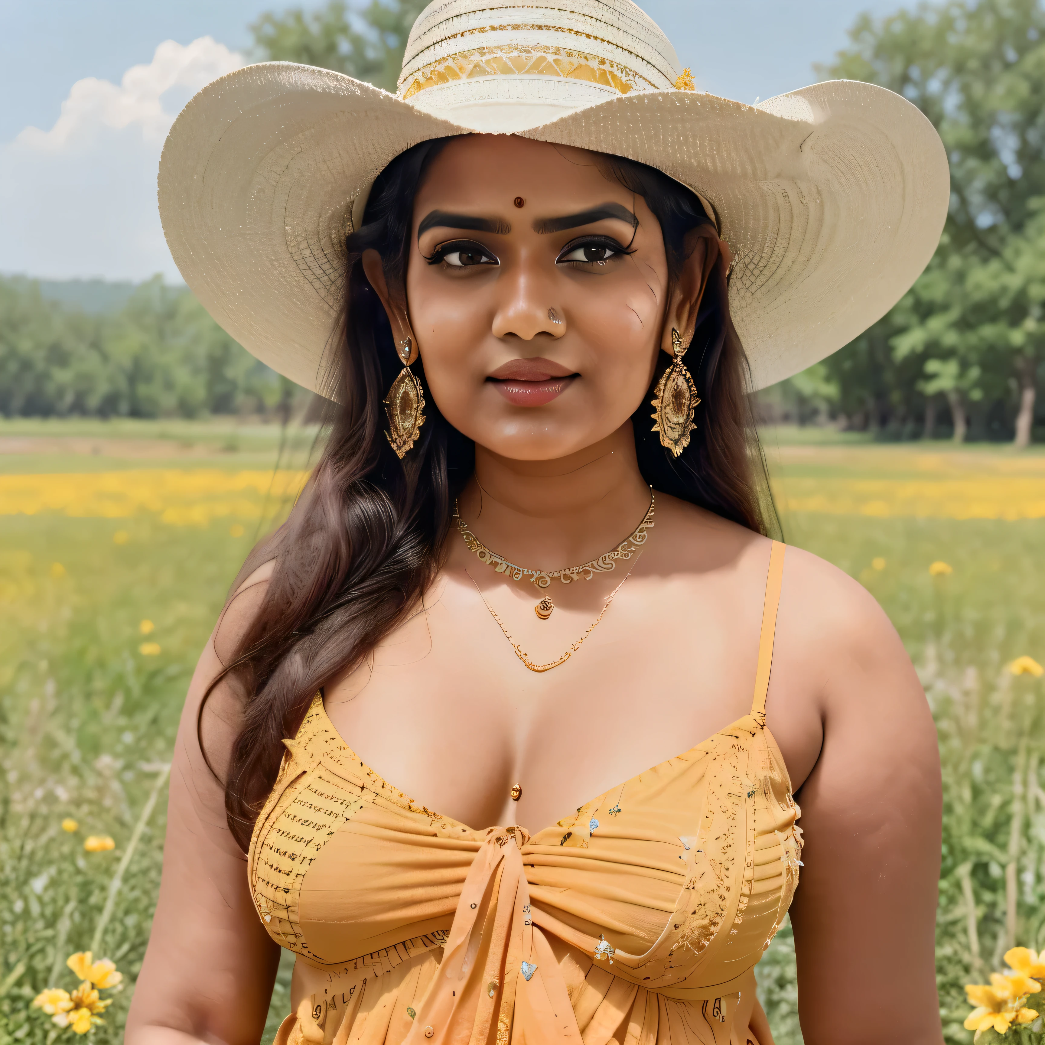 8k, best quality, ultra high-res photo of a beautiful indian lady wearing a cowboy hat and sundress, outdoor open field background, bright sunny day, subtle makeup, intricate elegant, detailed, photometric lighting, symmetric light