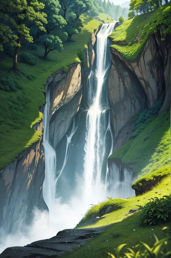 Imagine a lifelike image that is mesmerizing and rich in detail，Depicting a majestic waterfall cascading down the heart of the Alps. This image should do a great job of showing the complex motion of the water droplets as they collide with the rocks below., Fog shrouds the air around，Like a dreamy veil, As well as jagged rocks and abundant, Lush vegetation. The waterfall embodies the power and tranquility of nature. Using top-of-the-line 16k cameras and 16:9 Aspect Ratio, Original style，Quality set to 2, The final image has a breathing feel.