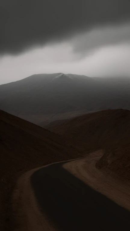 Primer plano cielo despejado, obscuro, gloomy black, Gothic, Mountain landscape background, - Great Cañon, mountain peak, large crater next to mountain, desert, colores realistas rojizos, naranjas, amarillos, tipo desierto, desierto, paisaje desolado, dirt road image in UHD, mejor calidad, 8k, imagen realista.