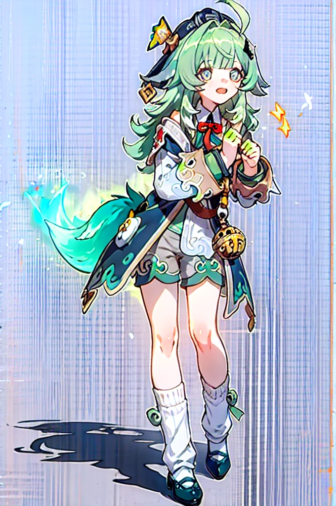 masterpiece, best quality, best light, best shadow, highly detailed, ultra detailed,huohuo, jiangshi hat, yinyang hair ornament, open dress, long sleeves, ahoge, tassel jade, weiba fire tail, spell, detached sleeves, loose socks, open mouth, shoes, simple background, shorts, white background, full body, 1girl, standing, hands up, looking to the side, bare shoulders, holding, solo 