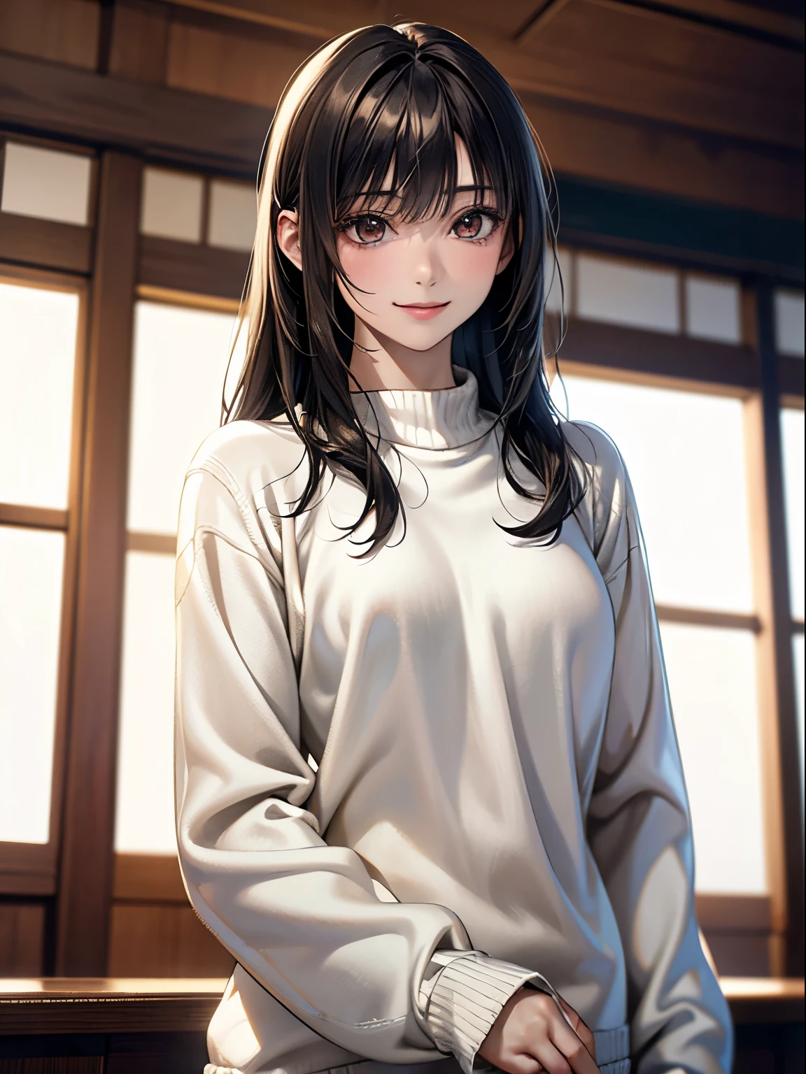 1 Japanese girl,(White sweater:1.4), (RAW Photos, highest quality), (Realistic, Realistic:1.4), Tabletop, Very delicate and beautiful, Very detailed, 8k wallpaper, wonderful, In detail, Very detailedなCG Unity, High resolution, Soft Light, Beautiful details 19 years old, Very detailedな目と顔, Beautiful and sophisticated nose, Beautiful details,Cinema Lighting,Perfect Anatomy,Slender body,smile  (Asymmetrical bangs,)