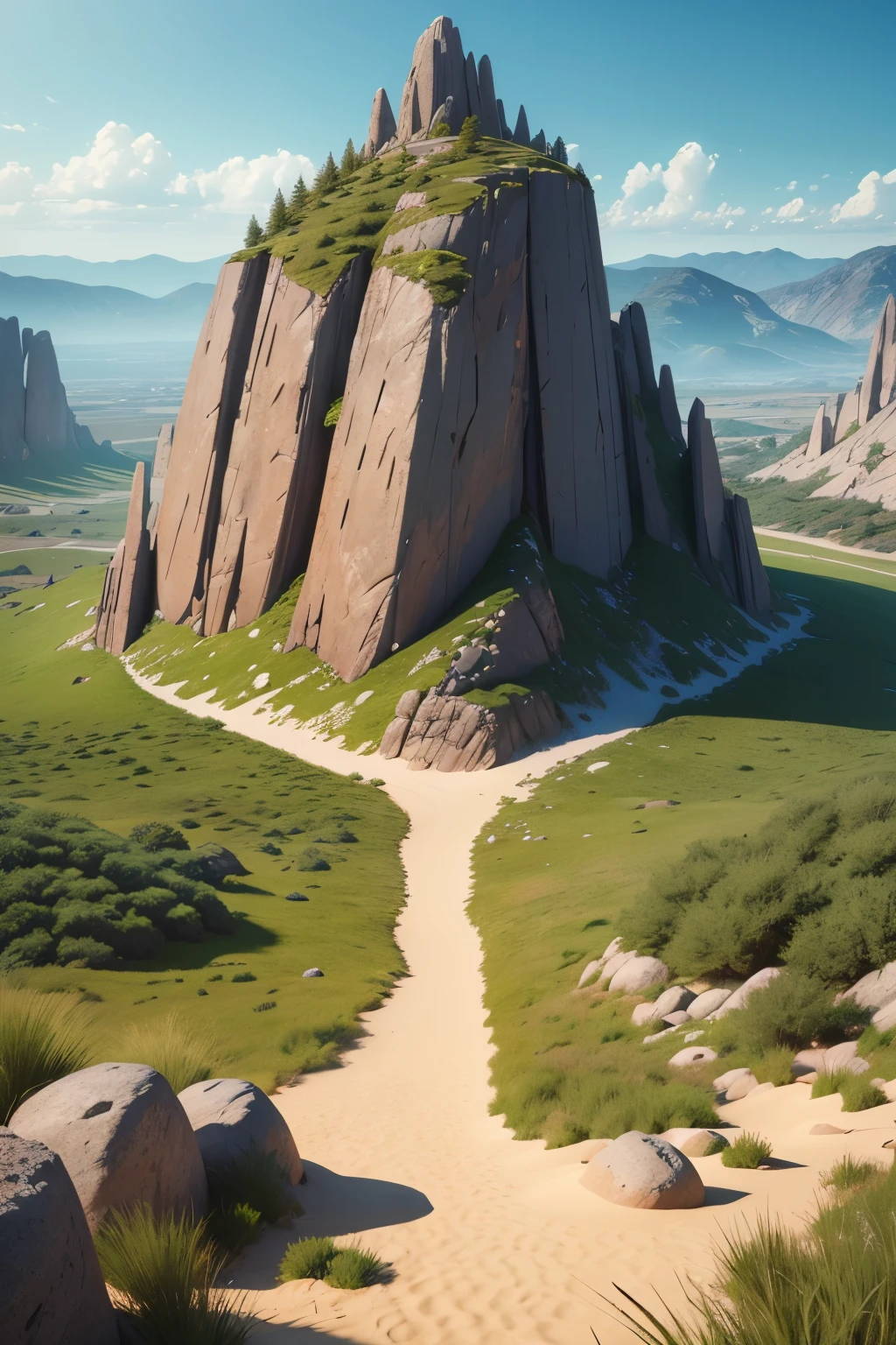 terrain consisting of granite, grass, dirt and sand, with variations and some areas with fluffy vegetation