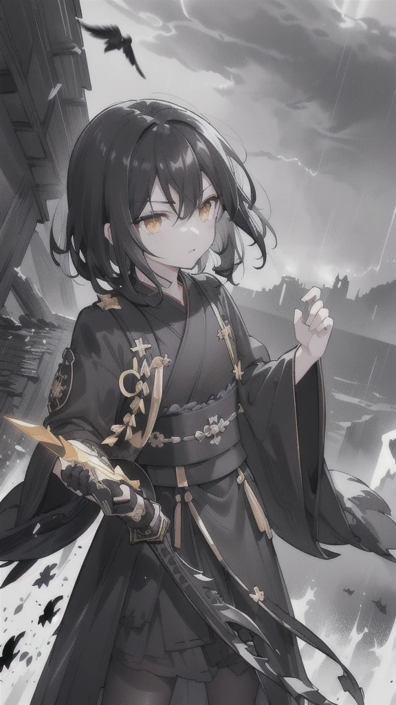(dark hair,short black hair),(golden eyes),(black hanfu,black armor),(ink black longsword),(ravens),(high contrast,monochrome,black and white),(mystery,ominous),(stormy atmosphere,thunderstorm),(dramatic lighting),(detailed textures),(dynamic pose),(dark background)