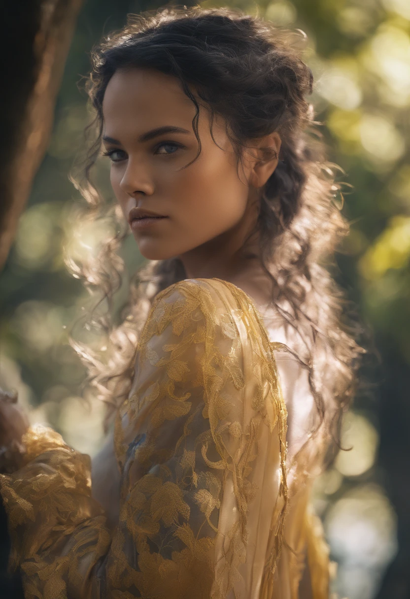 reate the image of a young woman (Caucasian, 35 years old) hair (blond, shoulder-length, slightly curly), face (round, slightly flushed, extremely detailed), eyes (blue, well-defined), (looking like Mayte Michelle Rodriguez:1.3), with a yellow dress, Sitting in a chair, with one foot on the seat and the leg bent on the chair seat . Full body, ideal proportions and defined complexion, meticulously modified features, inaccessible beauty, perfection, artistic work of art, vivid realism, hyper-detailed sculptures, life-like forms, truly inspired, impeccable craftsmanship, pure brilliance, ethereal beauty, delicate contours, poses striking, sublime beauty, subtle nuances, dynamic compositions, vibrant cores, perfect lighting, moving expressions, celestial aura, majestic presence, dreamlike atmosphere, comparatively detailed octane rendering trend in artstation, 8k artistic photography, photorealistic concept art, perfect light smooth natural volumetric cinematic, Chiaroscuro, award-winning photography, work of art, oil on canvas, insanely beautiful intricate detai