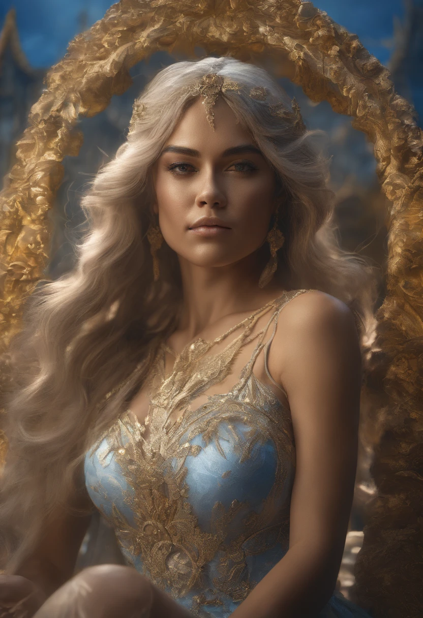 reate the image of a young woman (Caucasian, 35 years old) hair (blond, shoulder-length, slightly curly), face (round, slightly flushed, extremely detailed), eyes (blue, well-defined), (looking like Mayte Michelle Rodriguez:1.3), with a yellow dress, Sitting in a chair, with one foot on the seat and the leg bent on the chair seat . Full body, ideal proportions and defined complexion, meticulously modified features, inaccessible beauty, perfection, artistic work of art, vivid realism, hyper-detailed sculptures, life-like forms, truly inspired, impeccable craftsmanship, pure brilliance, ethereal beauty, delicate contours, poses striking, sublime beauty, subtle nuances, dynamic compositions, vibrant cores, perfect lighting, moving expressions, celestial aura, majestic presence, dreamlike atmosphere, comparatively detailed octane rendering trend in artstation, 8k artistic photography, photorealistic concept art, perfect light smooth natural volumetric cinematic, Chiaroscuro, award-winning photography, work of art, oil on canvas, insanely beautiful intricate detai