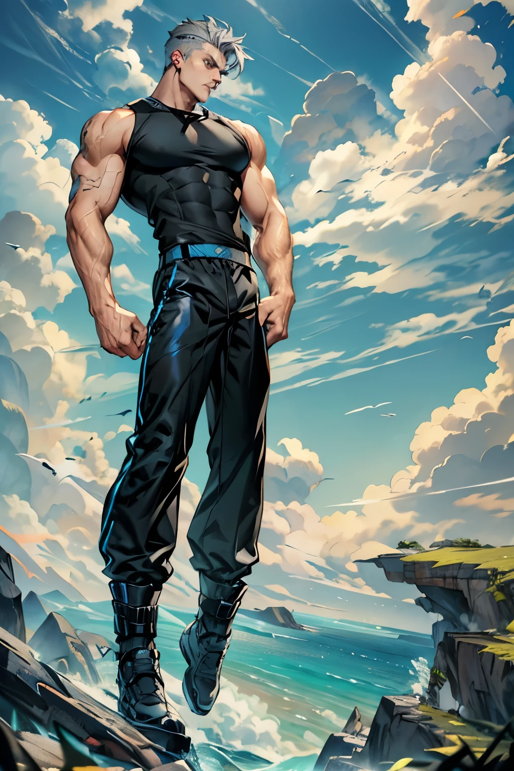hyper details, telephoto lens, gorgeous lifelike, Sylvester Stallone, the clouds, breeze, Flash-forward lighting, on the beach and a sunset in the background
