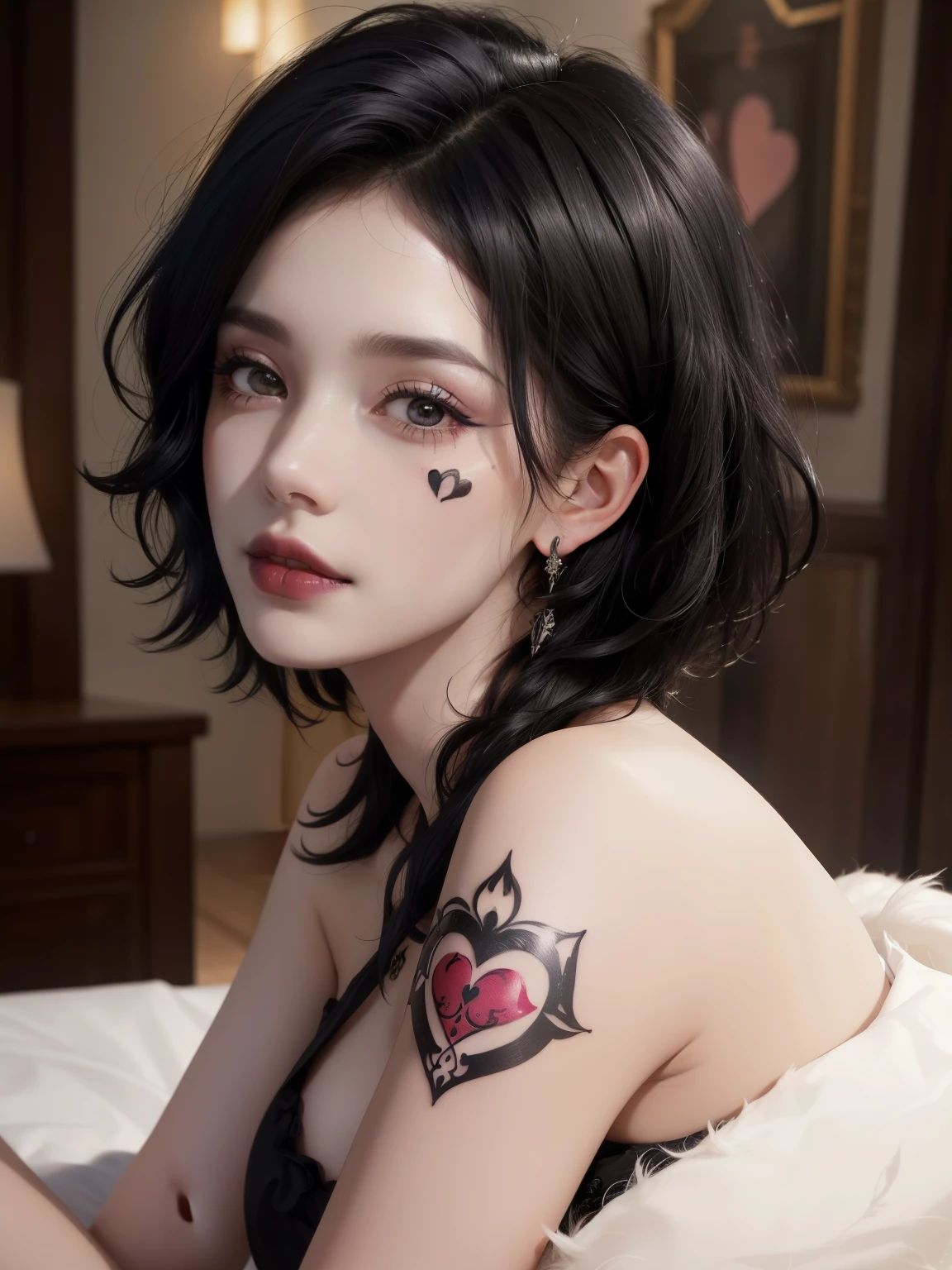 Best quality, masterpiece, super high resolution, (realism: 1.4), face tattoo of a heart, black curly hair, short hair, pale skin, bedhead, goth, happy, indoors
