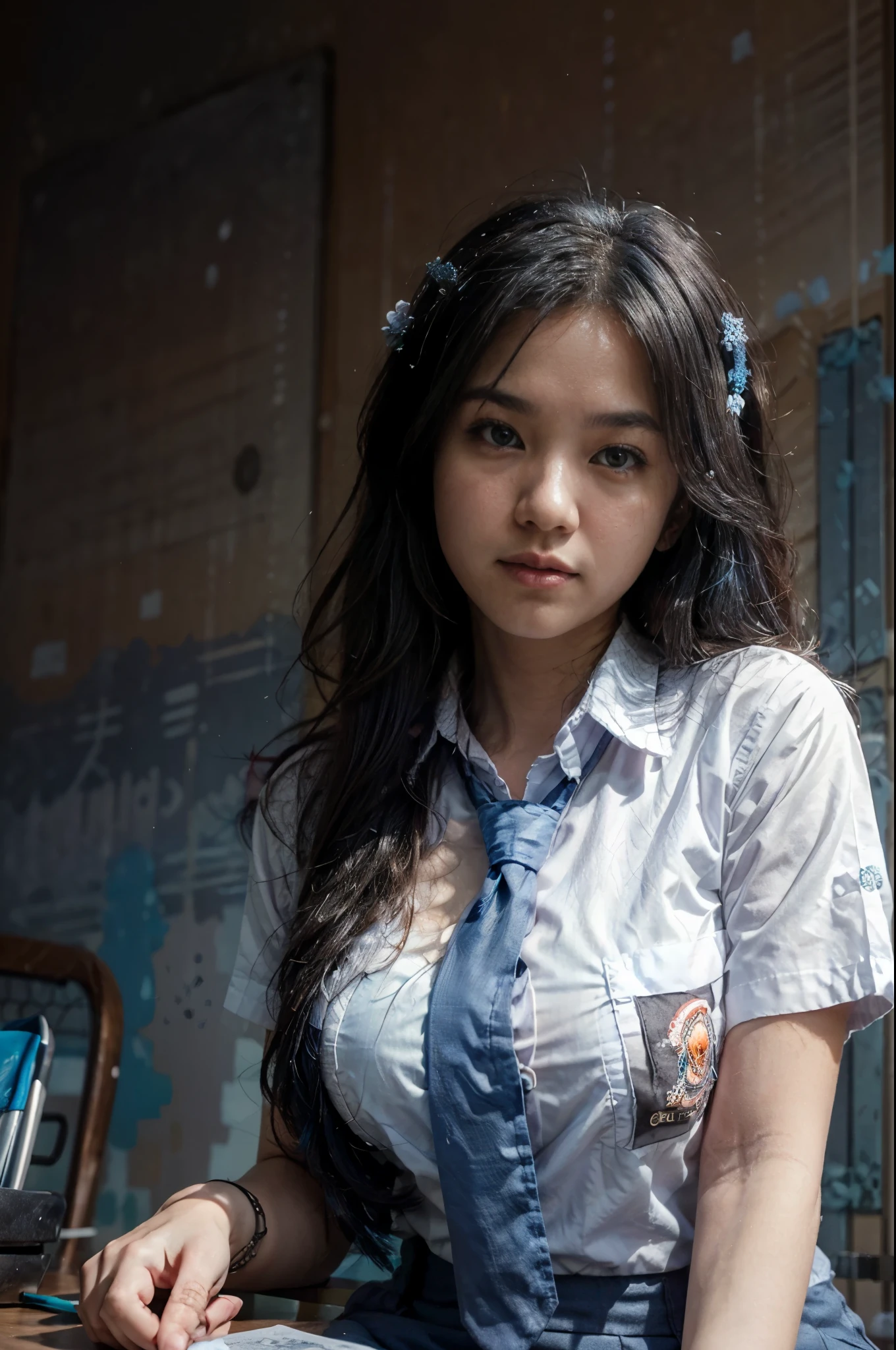 Photorealistic, (half body:1.3, exposed face), low angle, (seen from below:1.1), in frame, a japanese young woman, ((white button shirt:1.2, with grey blue necktie:1.2, exposed her cleavage), uniform of indonesian high school likeness:1.3), a hyperrealistic beautiful young woman with grayish blue eyes,flowing hair, (black hair:1.4), natural sagging breast, high detailed official artwork, beautiful girls with plumpy body and busty posture, fatty belly, long legs, attractive mature woman, (atractive poses:1.3, open-legged), sitting on the (desk:1.2), in the classroom, surrounded by student, skyview background, dubnitskiy david fanart, realistic portrait, smooth photorealistic, perfect visual of a cute girls, cute girls with round soft face, face focus, makoto shinkai and artgerm, photon mapping, natural light, warm color tones, vivid colors, cool ambient, foggy atmosphere