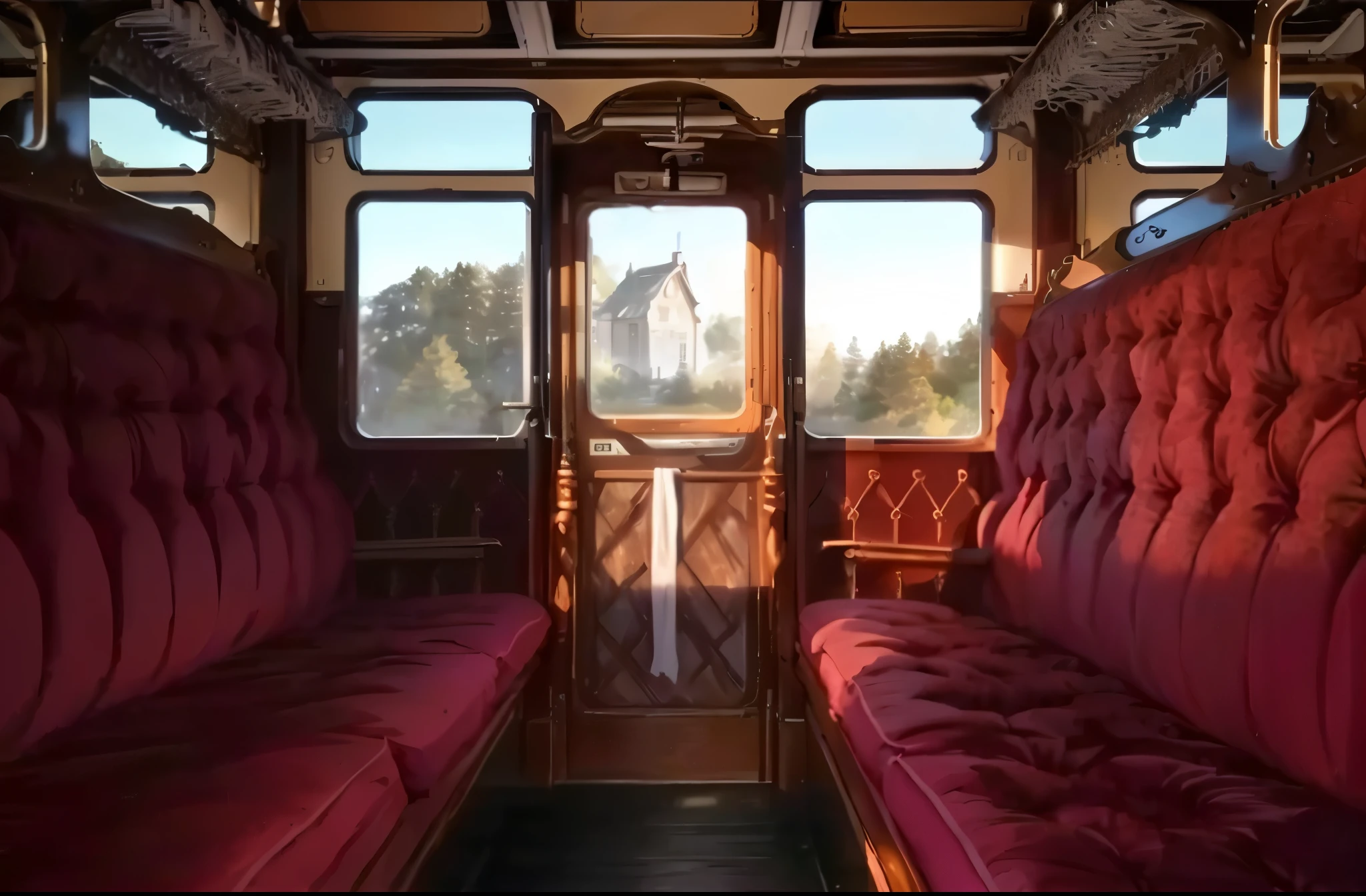 ((Inside view of carriage,Forest outside the window))