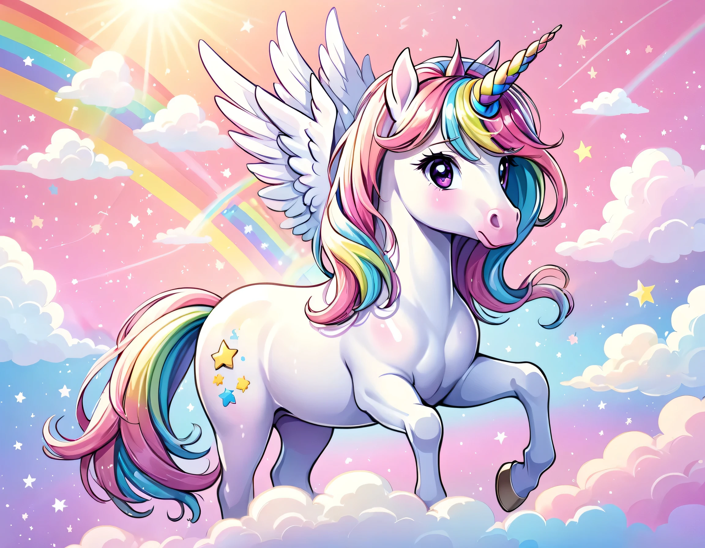 Candy color, Hand-drawn style, There is a cute unicorn in the light pink sky, There are white clouds, rainbows and stars around the unicorn, Style similar to My Little Pony, Verism, UHD, anatomically correct, super detail, high details, high quality, best quality, best quality, HD, 4K