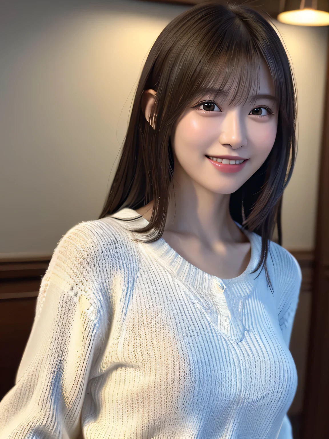1 Japanese girl,(White sweater:1.4), (RAW Photos, highest quality), (Realistic, Realistic:1.4), Tabletop, Very delicate and beautiful, Very detailed, 8k wallpaper, wonderful, In detail, Very detailedなCG Unity, High resolution, Soft Light, Beautiful details 19 years old, Very detailedな目と顔, Beautiful and sophisticated nose, Beautiful details,Cinema Lighting,Perfect Anatomy,Slender body,smile  (Asymmetrical bangs,)