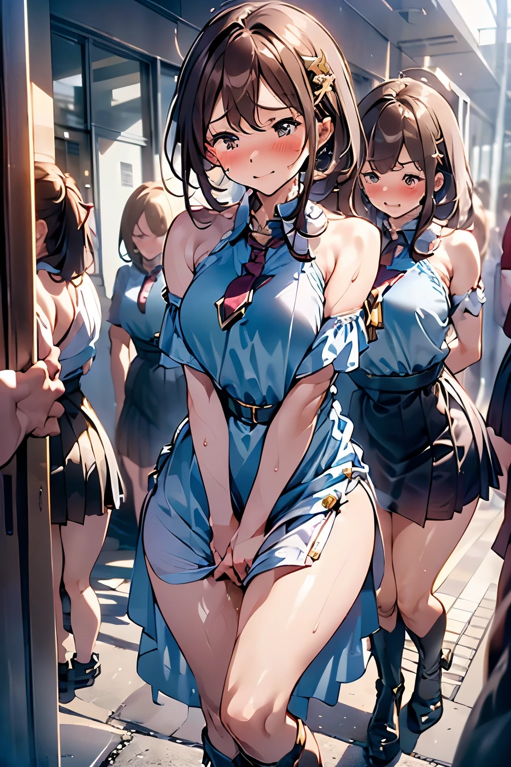 (8K, ultra-detailed, best quality, anatomically perfect body), (full body), (small breast:1.3), shiny skin, (Various girls), girls from to 25 years olbladder full tank, (have to pee:1.1), (urge to pee:1.4), (only one person peeing self:1.1), Pee flowing in the thighs, (very desperate to pee:1.2), (going to the restroom entrance), (waiting line for restroom with line of girls in queue), standing, (Each one has a different maxi priestess dress:1.4), (Each one has a different boots:1.1), (Each one has a different hair), (knees together and feet apart:1.3), (Rub each other's thighs:1.3), (leaning forward:1.1), one hand between legs, (skirt lift:1.2), (holding the crotch:1.3), (stroking own abdomen:0.9), (stroking one's own thighs:1.1), (blush:1.3), (embarrassment1.5), (impatience:1.3), (flustered:1.3), (fidgeting around), (flowing sweat), (sexy body twist:1.5), (panting:1.4), (breathless:1.3), closed eye, (parted lips:0.6), (orgasm:1.2), (refreshing:1.3), Weakness, looking away, (crisis:1.3), (from side:0.8), (from below:0.9),