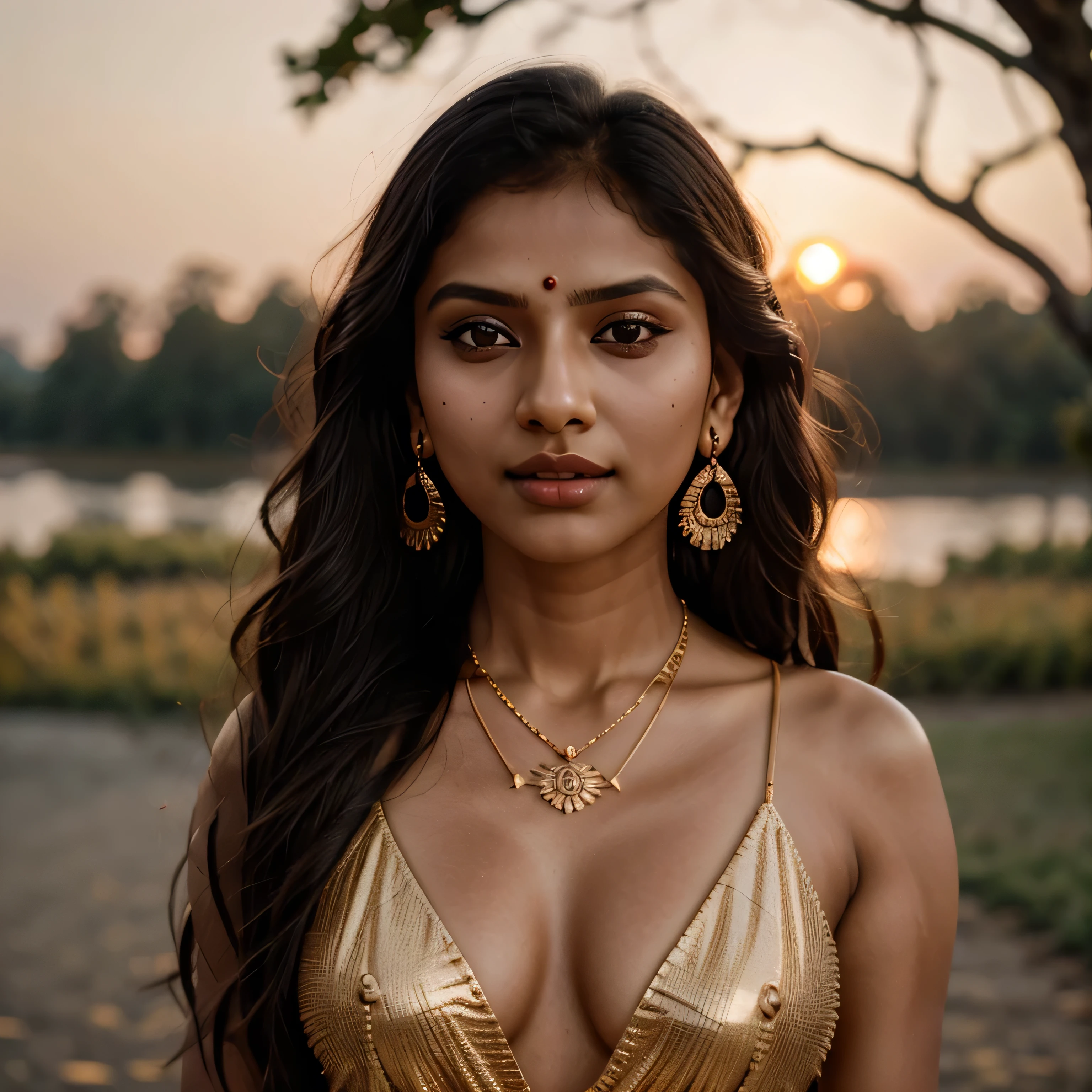 1 indian girl, (sharp focus) , blurry background, depth of field, earrings, hair over one eye, jewelry, lips, long hair, necklace, ring, solo, sunlight, sunset, golden hours, tree, upper body, ((shot on arri alexa LF) ), bokeh , (extremely symmetrical perfect face)