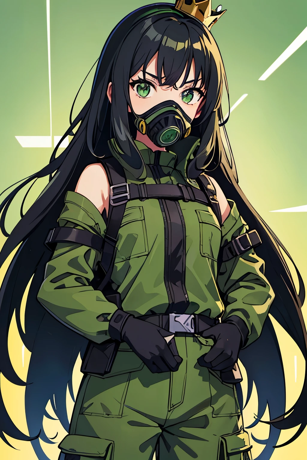 Teenage Female, Black Long Hair, Green Eye, Leafs Crown, Gas Mask, Green Jumpsuit with Tree Shoulder Armor, Shibuya City Theme Background, Happy Emotion mood, Anime, Masterpiece.