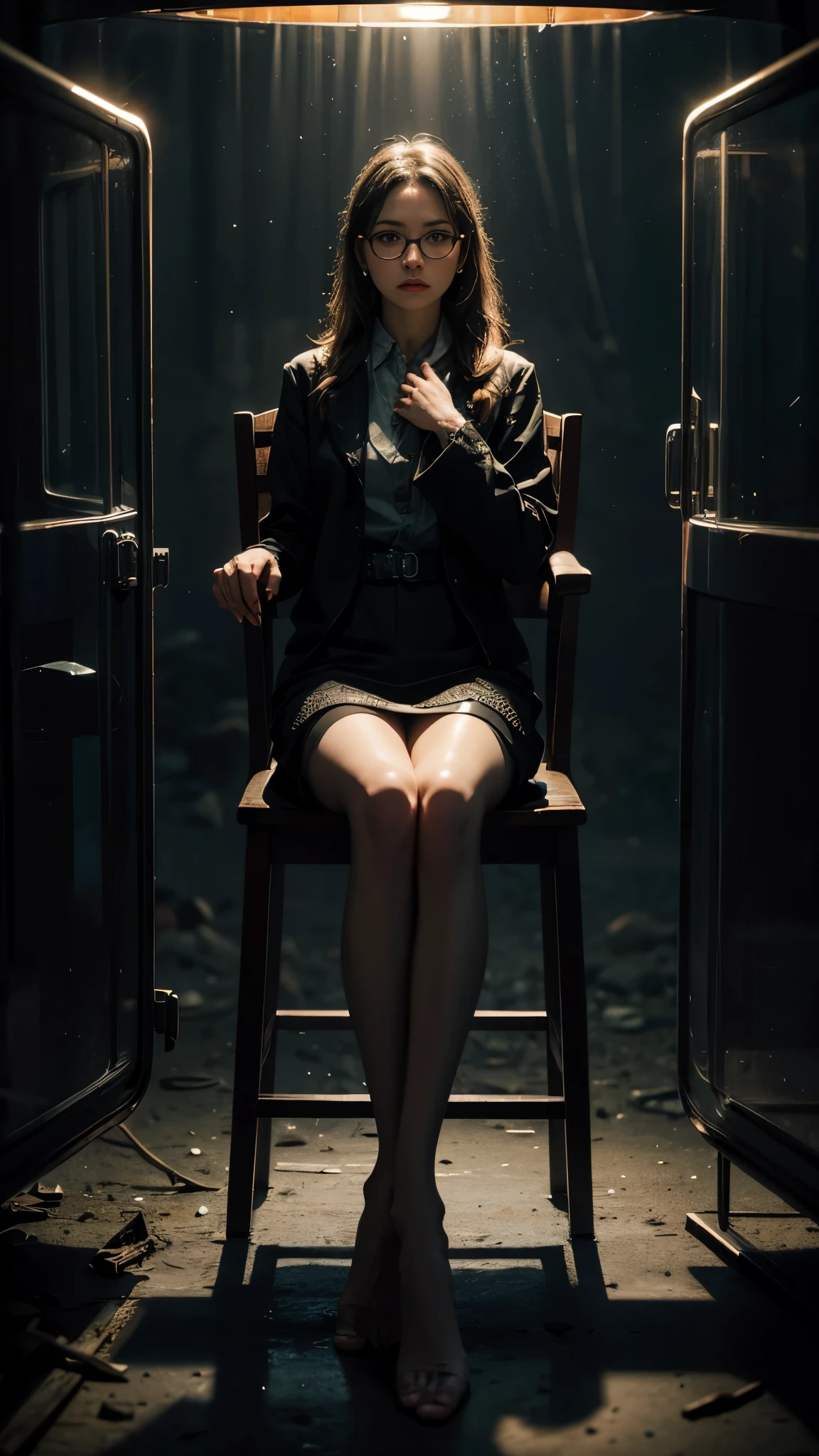 ((Detailed eyes)), bare feet, full body in container, dirty woman chained to a chair, white torn stockings, broken glasses, woman in container, desperate expression, worried alice in wonderland in container, concerned about future, brunette, realistic hands, photorealistic, grandpawds, 4k UHD, dark vibes, hyper detailed, epic composition, octane render, sharp focus, high resolution isometric, (film grain:1.3), The light is sparkling, high quality photography, 3 point lighting, flash with softbox, 4k, HDR, smooth, sharp focus, high resolution, award winning photo, 80mm, f2.8, bokeh, (phgls, chained to a chair in container, bottle). The image is of the best quality, with a resolution of 4k and HDR enhancement, showcasing the utmost level of detail and realism. Alluring at viewer. The character is surrounded by mist, evoking a mysterious and eerie atmosphere. The lighting is dark and atmospheric, with a red smoke adding a touch of sinister ambiance.