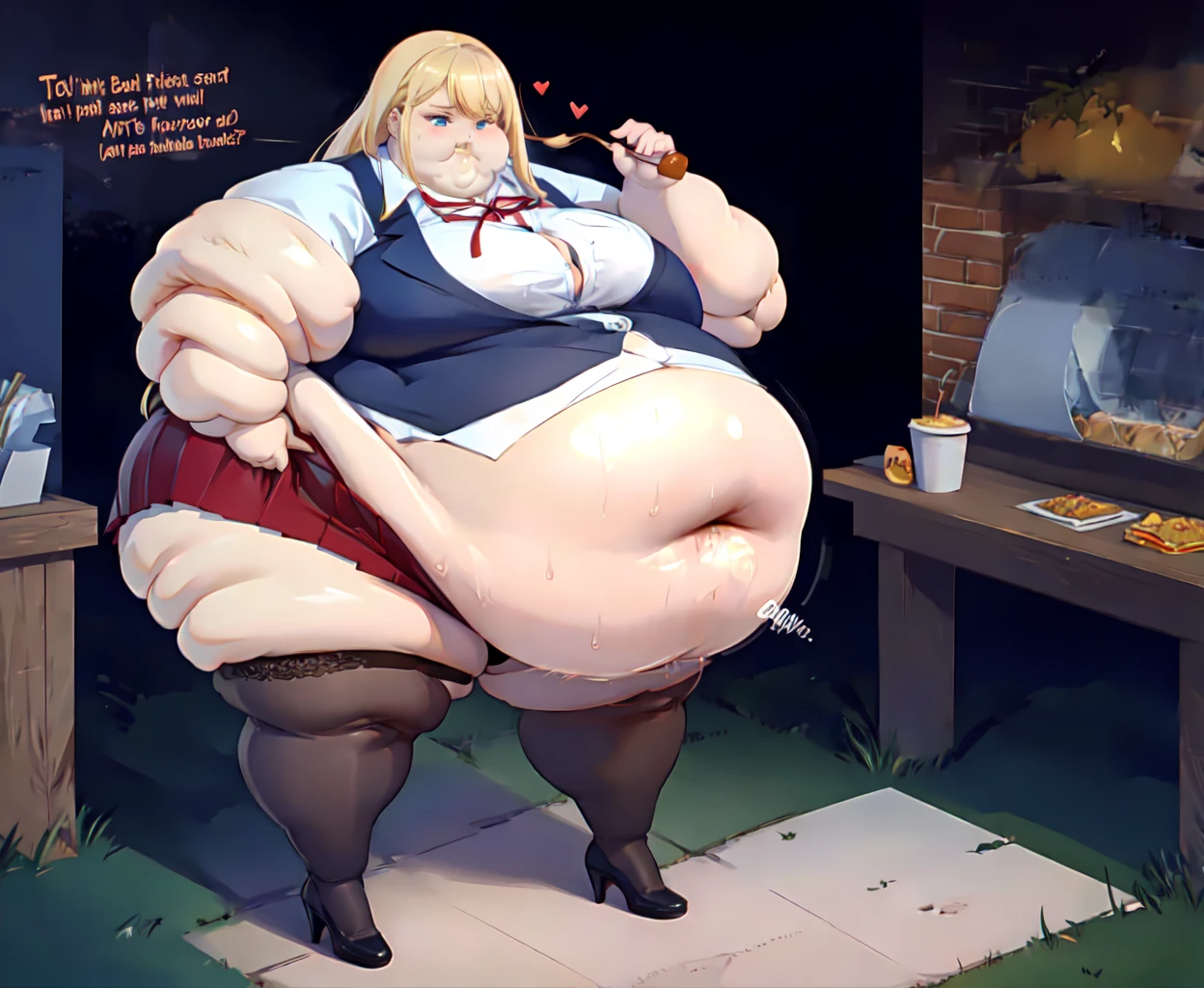 High quality, full body photo of a beautiful sexy secretary wearing extremely short skirt and seamed stockings, ((solo)), adult, high heels, craves sex, sweaty, eating at McDonalds, beautiful face, long wavy blonde hair, stunning blue eyes, massive painfully overstuffed bloated distended bulging heavy obese belly, panties visible under skirt, revealing skirt, shes binge eating, weight gain, very wide fat hips, fat thick thighs, massive wide fat round heart shaped shelf bubble butt, massive fat heavy breasts, very deep cleavage, tight uniform, belly so full it hurts, shes so fat she can barely stand, shes so full she can barely stand, her clothes dont fit shes so extremely fat, shes become a fat food addicted slob, she doesnt care about being fat anymore she just wants to eat more and more food until she cant move, covered in sweat, belly bigger than her body, she’s very heavy massive and obese, fat cheeks, fat face, fat neck, struggling to eat more, struggling to stand, shes rubbing her belly, burping, sagging obese belly, painfully churning gurgling groaning growling belly, she cant fit anymore food inside her belly, shes in a state of blubbery bliss, it hurts so much but if feels so good,