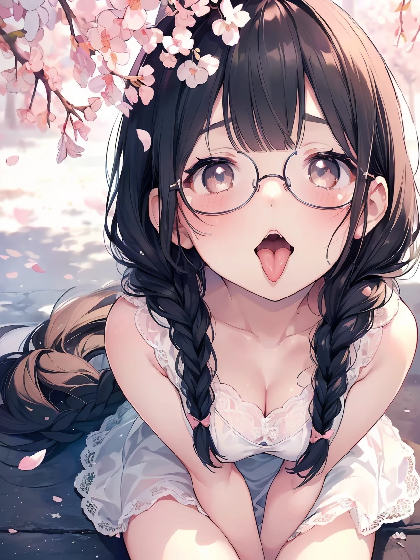 Very detailed, highest quality, High resolution, Moe Anime, ((A cute girl with black hair and droopy eyes leans forward)), ((Wearing large round glasses:1.4)), (Baby Face), Cute eyes, Detailed eye depiction, Sparkle in the eyes, View your viewers, Pale skin, (Big eyes:1.4, Droopy eyes:1.4), smile, Focus on the face, In the park with cherry blossoms falling, Sitting, (Extreme close up of tongue), (((From above:1.2))), (Open your mouth wide:1.5), (((Face only:1.3))), ((white lace sleeveless dress)), Bright Eyes, (Put your hands between your legs:1.4), large and long tongue, Cleavage, Braided hairstyle, Pink ribbon