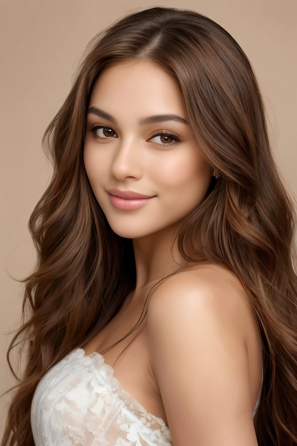 A woman with brown eyes and brown hair, boasting long and luscious locks, strikes a pose for a realistic portrait. Her gaze is fixed on the viewer, inviting a captivating connection. Her lips remain closed in a gentle smile, accentuating the allure of her expressive nose and long, curved eyelashes. The image is set against a warm and earthy brown background, exuding a natural and grounded charm. Exquisitely detailed, every pore on her skin, every strand in her hair, and every texture on the background are brought to life in stunning clarity. The portrait radiates with a crisp, high-definition finish, promising an unforgettable experience for