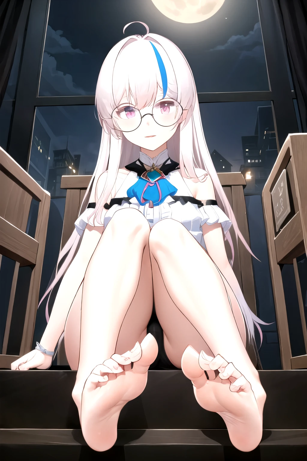 masterpiece, best quality, (1 Girl, Solitary), night, moon vr-kiyuu, have, Glasses, Double tail，2legs,nuclear_9, snuclear_8_up, snuclear_7_up, snuclear_6_up, snuclear_5_up, snuclear_4_up, smokes, Foot Focus,  perfect 脚, perfect toes, best toes, stinky toes, Sexy pose looking at the audience, solitary, Toe Fuck, Everlasting, view, From below, Foot Focus，trampling，Step on the screen，foot fetish，See underwear，Sexual suggestion，