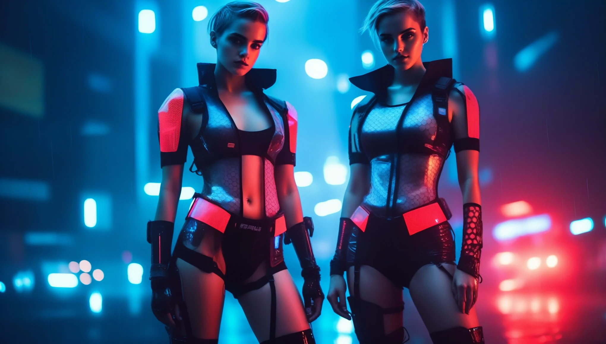Two young female hackers in front of an APC in a cyberpunk metropolis at night, heavy rain, facing the viewer, holding a cyberdeck with a transparent screen, silverwhite undercut haircut, immaculate skin, thoughtful look on the face, raindrops on the whole body, full lips, small breasts, legs crossed, fullbody black and glowing red translucent skintight cyberpunk underarmor with intricate hexagon pattern, synthetic utility vest with attached wearable computer, utility belt with multimeter and some probes attached, thigh high translucent latex boots, cutoff gloves, no makeup, natural fingernails, emma watson, edgFut_clothing, neons, electric circuits