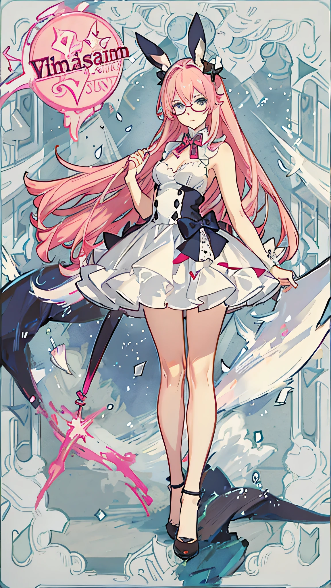 Cute bunny girl, pink hair, wearing red glasses, blue eyes, detailed face, masterpiece