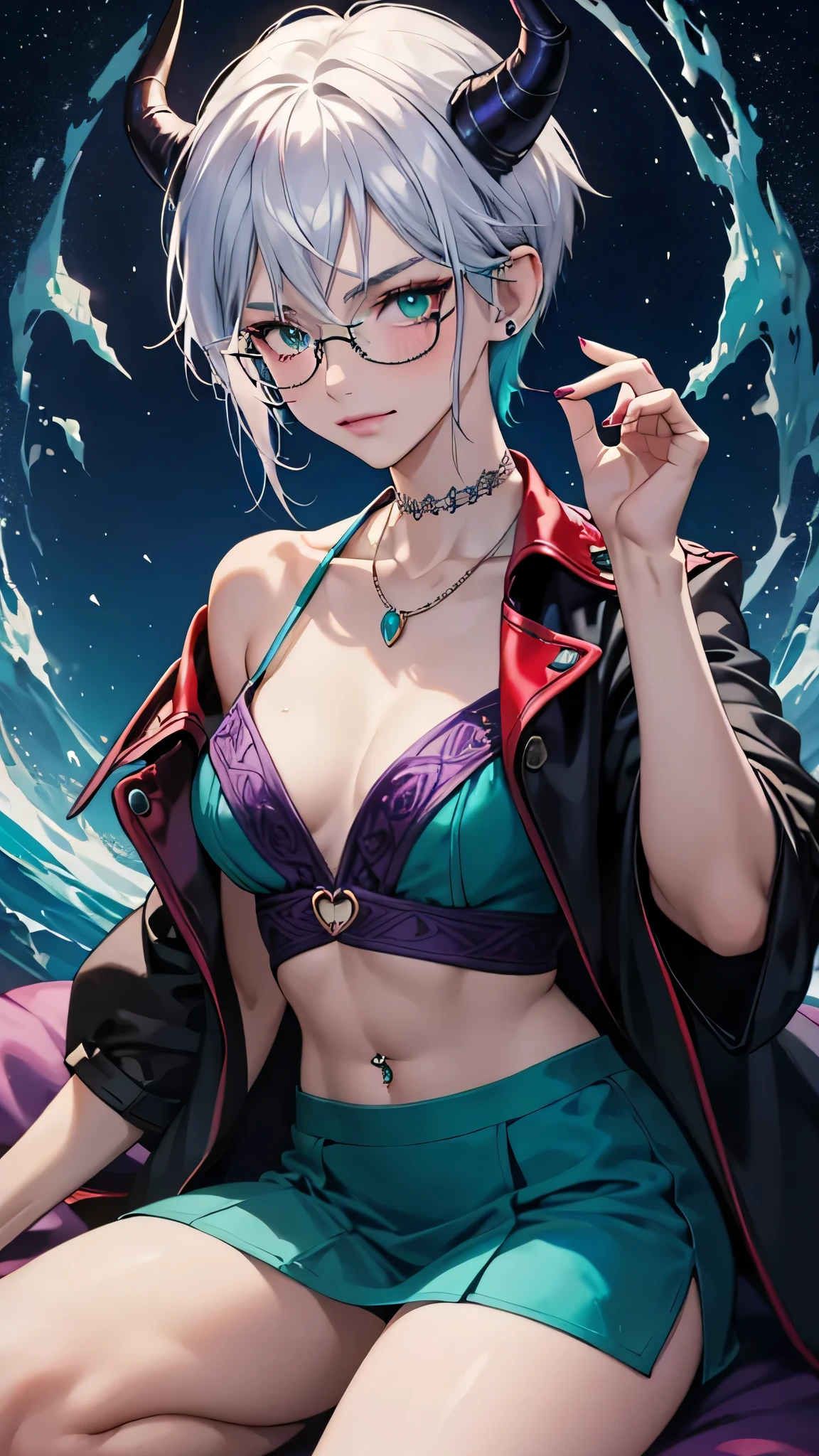 8k, masterpiece, best quality, highly detailed, 1 girl, tiefling, warlock, multicolored hair, very short straight hair green highlight hair on white hair, strippled hair, wearing glasses, round glasses, earrings, miniskirt, red eyeshadow, long eyelashes, blushed cheek, necklace, navel piercing, collarbone, high heels, mole, glamorous, teal and purple clothing, villainy, smirk, seductive pose, close ups view, rings, looking at viewer, sitting, demon horns, red nails, solo, starry night, plain, creascent moon,