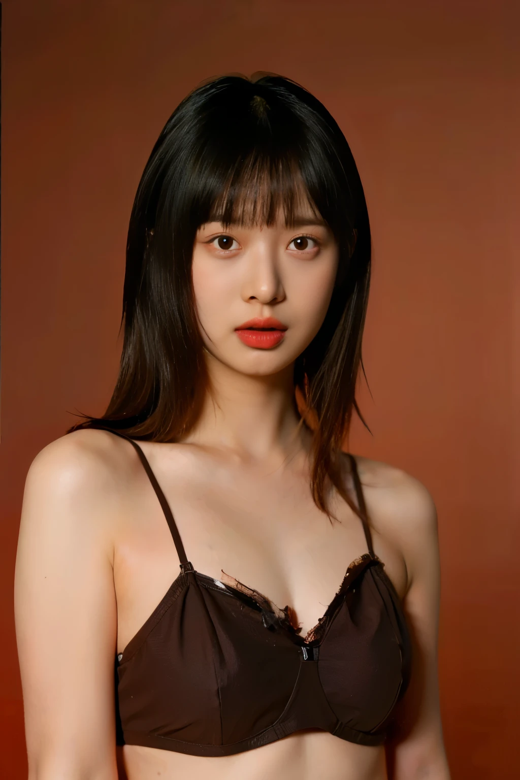 Best quality,masterpiece,ultra high res,(photorealistic:1.4),1girl, in studio, maroon shadow background, small breast, wearing bikini, ((Dark brown messy hair with bang))