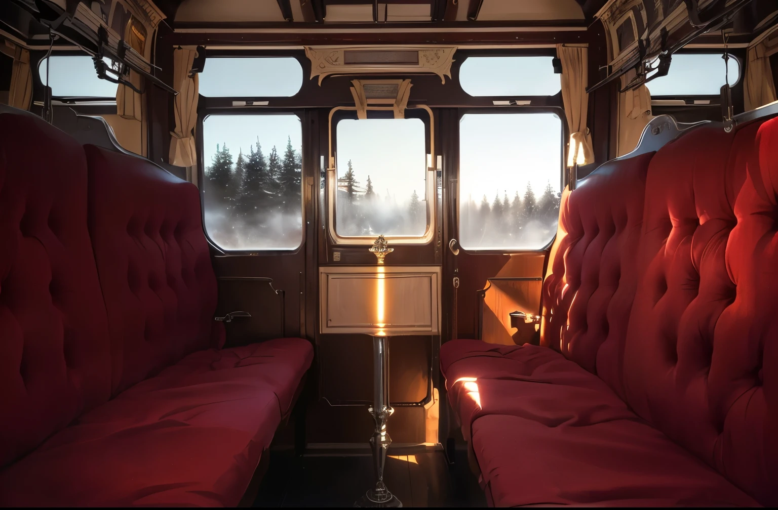 ((Inside view of carriage,Night forest outside the window,dark,Dark))