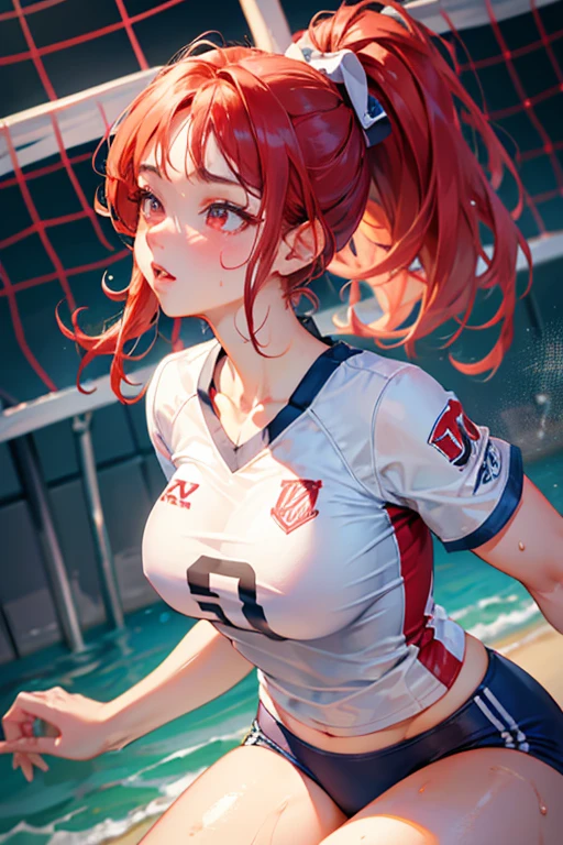 masterpiece:1.2, highest quality), Realistic, (live-action, Intricate details, Depth of written boundary), (One girl, alone), compensate, Lips parted, Very detailed, Perfect Face,
(Huge breasts:1.4), (Skin dents), Thick thighs, Wide Hips, Small waist, expensive, Glossy coral lips,
Redhead, Red eyes, ponytail,
(Girl playing volleyball, White volleyball uniform), (sweating:1.2), (Wet), sexy, Blushing,