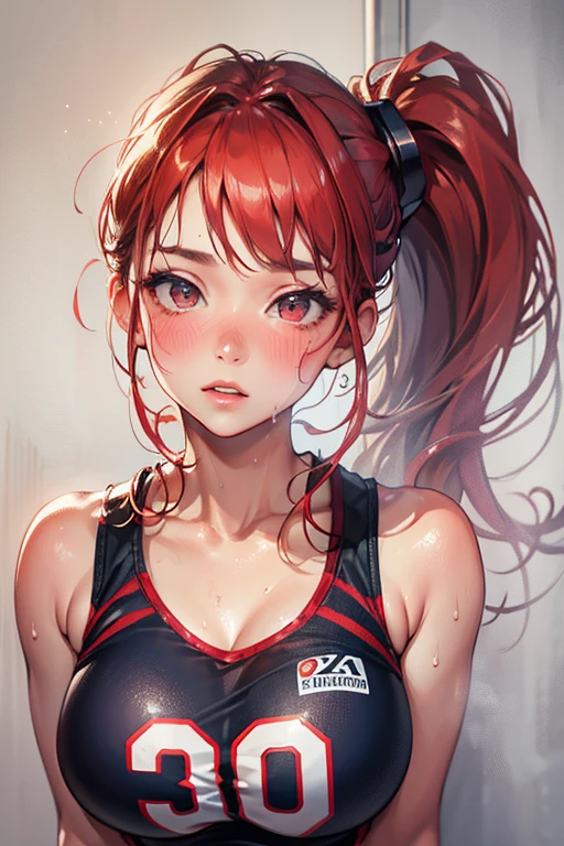 masterpiece:1.2, highest quality), Realistic, (live-action, Intricate details, Depth of written boundary), (One girl, alone), compensate, Lips parted, Very detailed, Perfect Face,
(Huge breasts:1.4), (Skin dents), Thick thighs, Wide Hips, Small waist, expensive, Glossy coral lips,
Redhead, Red eyes, ponytail,
(Girl playing volleyball, White volleyball uniform), (sweating:1.2), (Wet), sexy, Blushing,