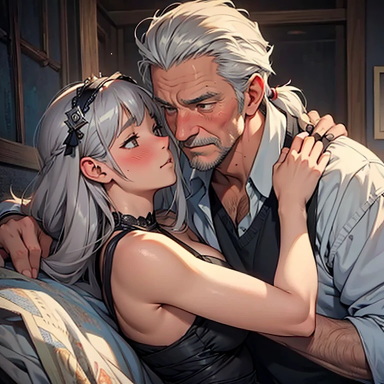 lustful princess, elderly man, gray-haired king, hug a girl, blush, embarrassed expression, close contact, girl kissing a man, dirty rags, sexy