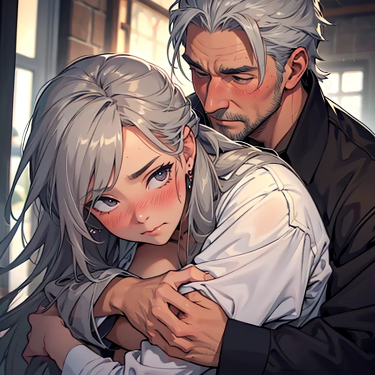 lustful princess, elderly man, gray-haired king, hug a girl, blush, embarrassed expression, close contact, girl kissing a man, dirty rags, sexy