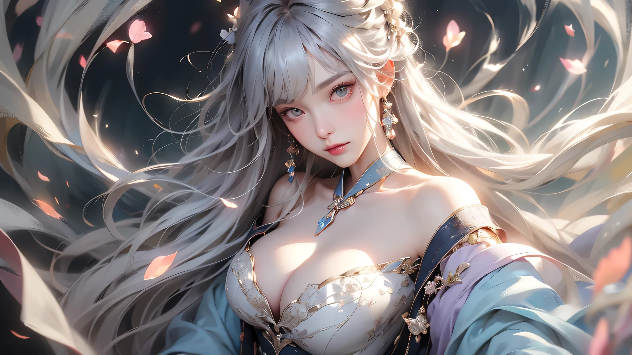 super high quality, masterpiece, Perfect illustration, Very detailed (Exquisite light and shadow, Very dramatic photo,Backlight) , ((Gray Hair:1.5))1 girl, alone, (Wearing Han clothes, Royalty、Black and white Hanfu,Monotony,Long sleeve) Flower Field, Flowers, (White smoke:1.3) (Realistic:1.4), Zen Intertwining, Tangled, Official Art, unity 8k wallpaper, Very detailed, Beautiful and beautiful, masterpiece, highest quality, (Dynamic Angle: 1.4), Glowing Skin, (Floating colorful flashes: 1) The most beautiful chaotic shapes, elegant, Brutalist Design, Bright colors, Romantic Depth of Field Exotic_dance, half_naked、((Off the shoulder、Expose your shoulders、Ample breasts、Great cleavage))