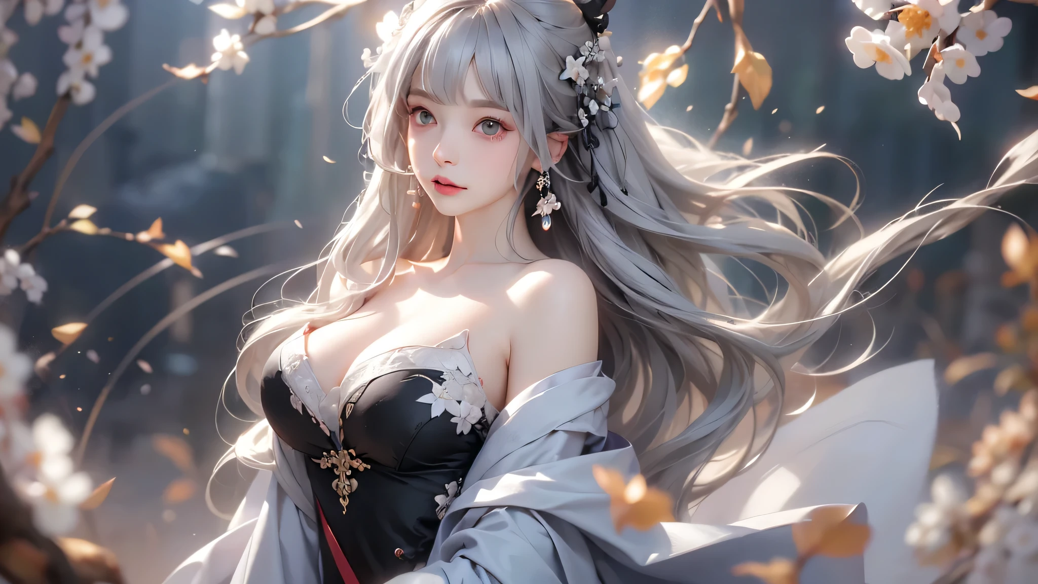 super high quality, masterpiece, Perfect illustration, Very detailed (Exquisite light and shadow, Very dramatic photo,Backlight) , ((Gray Hair:1.5))1 girl, alone, (Wearing Han clothes, Royalty、Black and white Hanfu,Monotony,Long sleeve) Flower Field, Flowers, (White smoke:1.3) (Realistic:1.4), Zen Intertwining, Tangled, Official Art, unity 8k wallpaper, Very detailed, Beautiful and beautiful, masterpiece, highest quality, (Dynamic Angle: 1.4), Glowing Skin, (Floating colorful flashes: 1) The most beautiful chaotic shapes, elegant, Brutalist Design, Bright colors, Romantic Depth of Field Exotic_dance, half_naked、((Off the shoulder、Expose your shoulders、Ample breasts、Great cleavage))
