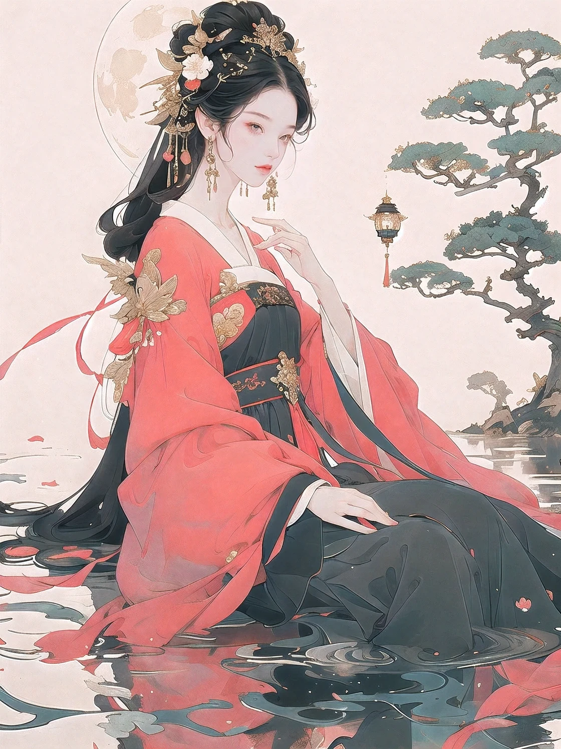 Simple background, masterpiece, best quality, conceptual art, (charming eyes), 1 girl, (lying posture), black hair, red dress, tree, pond, cherry blossom, night, lantern on water, moon, floating petals, light dots, long hair, atmosphere, flower sea, lively, without any, perfect hands, five fingers, gorgeous clothes, easygoing, charming eyes, profound expression, negative_hand