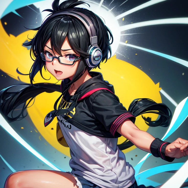 chica estudiante de la ua de my hero academia, pelo muy corto negro y lentes negros, escuchando musica con audifonos