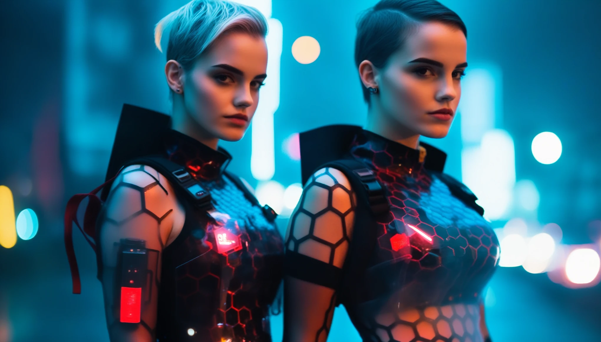 Two young female hackers in front of an APC in a cyberpunk metropolis at night, heavy rain, facing the viewer, holding a cyberdeck with a transparent screen, silverwhite undercut haircut, immaculate skin, thoughtful look on the face, raindrops on the whole body, full lips, small breasts, legs crossed, fullbody black and red translucent skintight cyberpunk underarmor with intricate hexagon pattern, synthetic utility vest with attached wearable computer, utility belt with multimeter and some probes attached, black hot pants with a strap-on dildo, thigh high translucent latex boots, cutoff gloves, no makeup, natural fingernails, emma watson, edgFut_clothing, neons, electric circuits