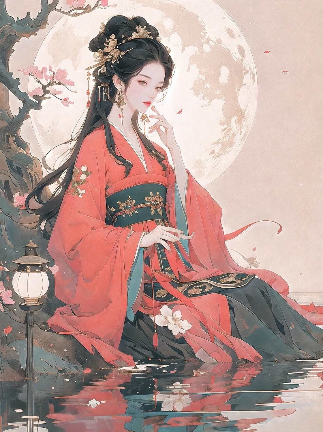 Simple background, masterpiece, best quality, conceptual art, (charming eyes), 1 girl, (lying posture), black hair, red dress, tree, pond, cherry blossom, night, lantern on water, moon, floating petals, light dots, long hair, atmosphere, flower sea, lively, without any, perfect hands, five fingers, gorgeous clothes, easygoing, charming eyes, profound expression,