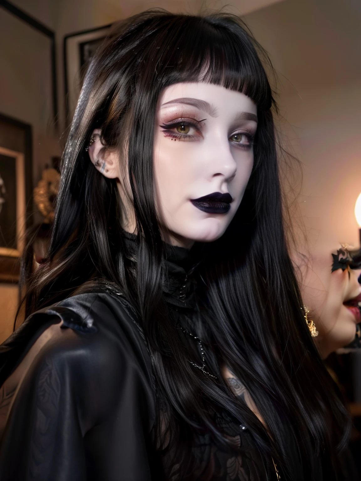 Best quality, masterpiece, super high resolution, (realism: 1.4), tattoos, long hair, pale skin, goth, happy, indoors, black lipstick, microbangs