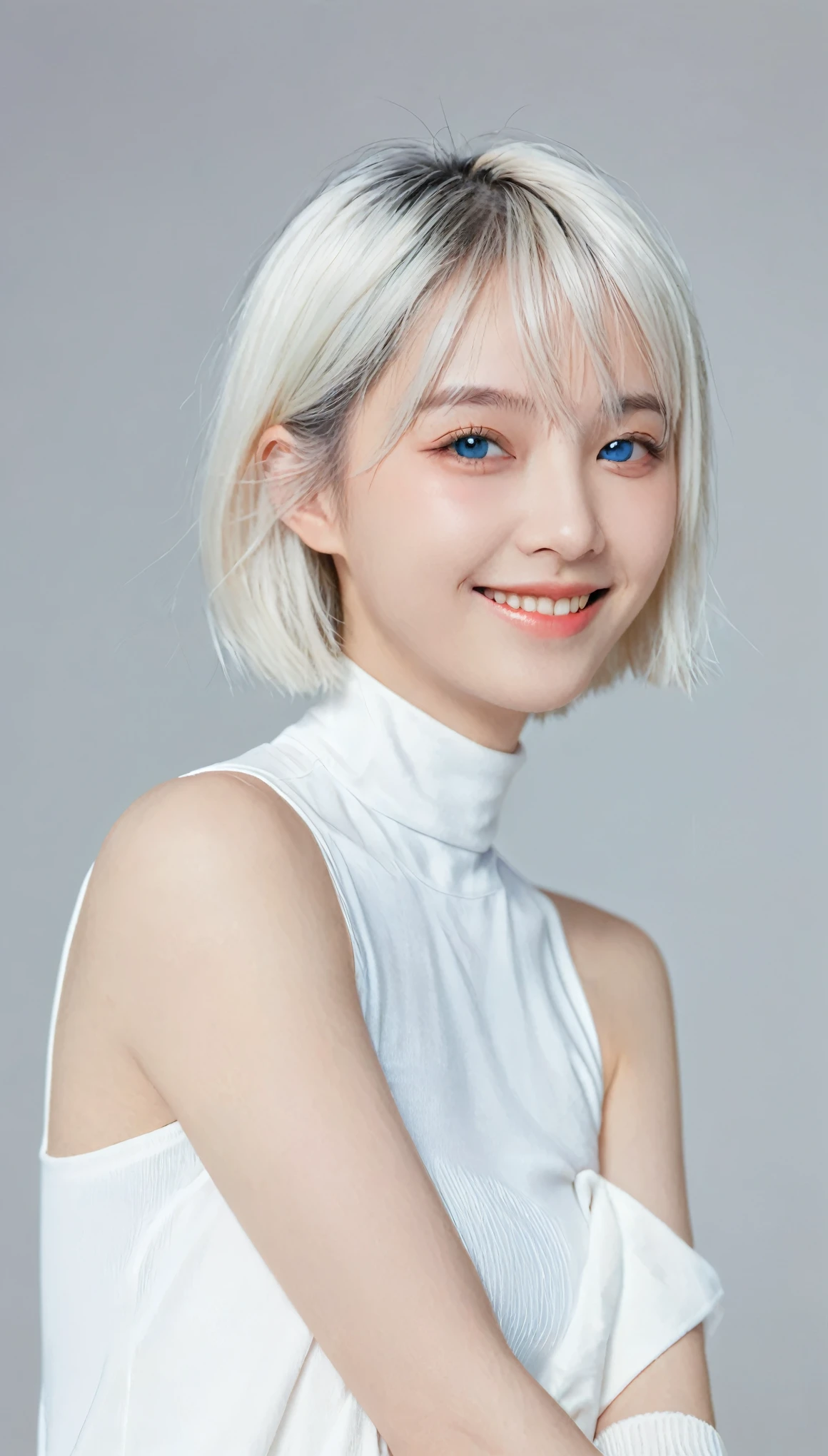 1 Girl, Bethel, blue eyes, 裸Off-shoulder膀, breast, medium breast, short hair, white hair, Hair covering one eye, Bangs, Gloves, sleeveless, Solitary, shirt, fingerless Gloves, white shirt, sleeveless shirt, Put your hands behind your back, Off-shoulder, trumpet, Smile, (masterpiece), (best quality), (Super detailed), indoors, Simple background, Blue flowers,